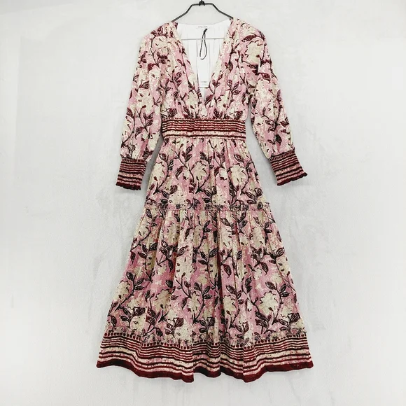 Celina Moon Dresses | New Celina Moon Long Bishop Sleeves Plunge Neckline Sundress P5135 | Color: Pink/Red | Size: S | Pm-79551612'S Closet